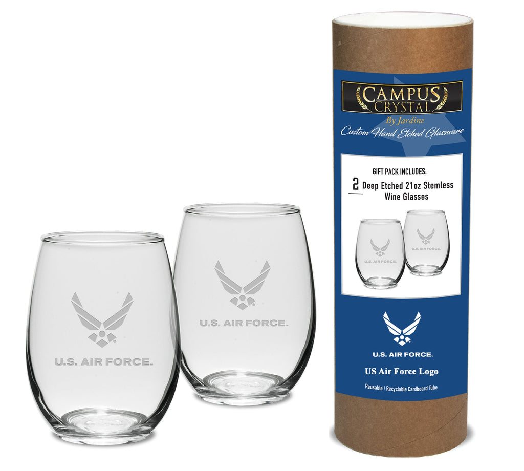 Air Force Wings Set of Two 21oz Stemless Wine Glasses (Clear)