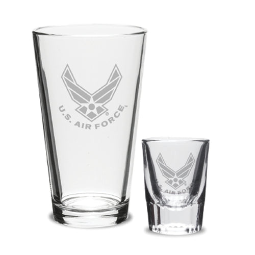 Air Force Wings 16oz Deep Etched Pub Glass and 2oz Classic Shot Glass (Clear)